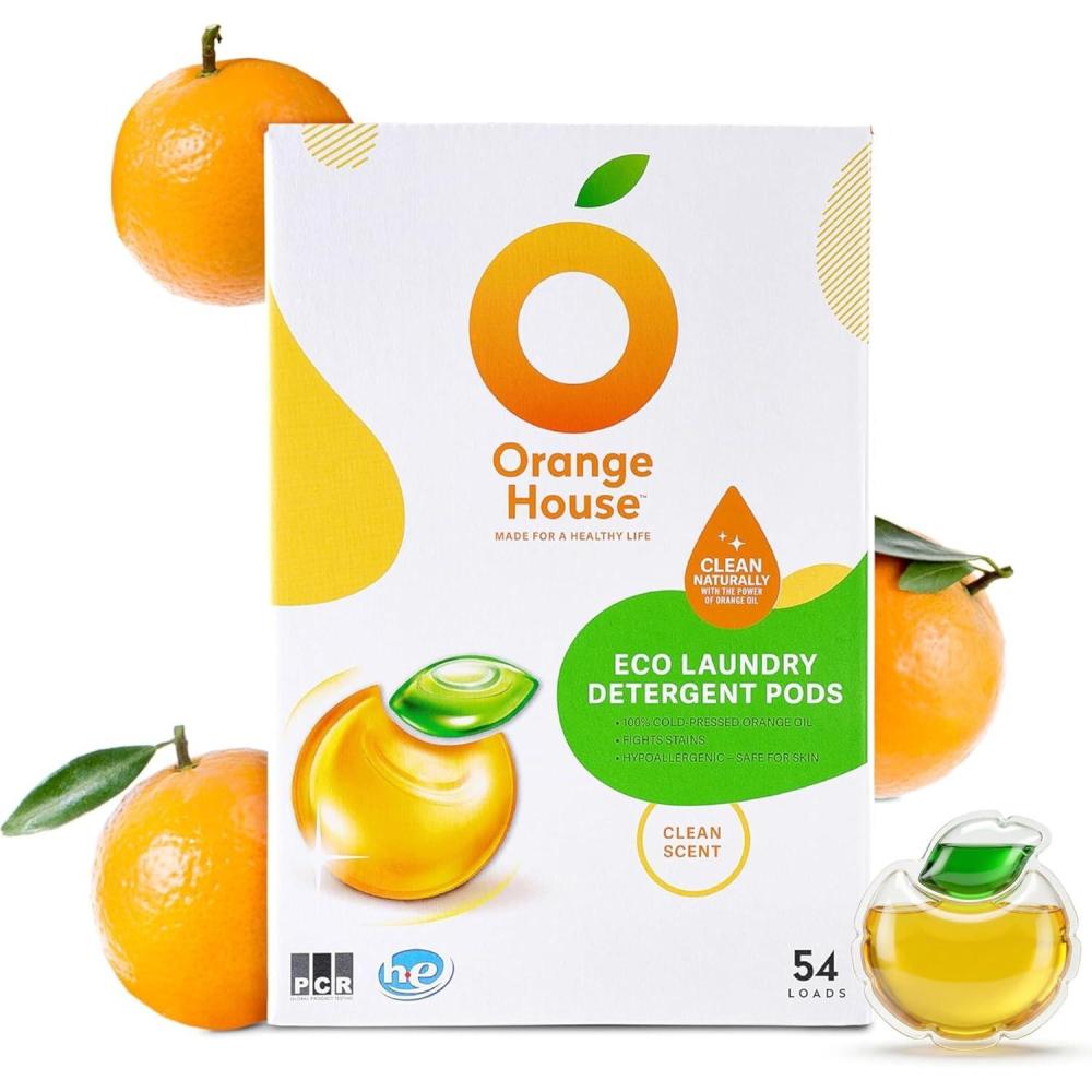 image:imageORANGE HOUSE Laundry Detergent Pods Natural PlantBased Detergent with Orange Oil  Hypoallergenic Free amp Clear ScentFree HE amp Standard Machine Compatible Gentle for Sensitive Skin 54 Count